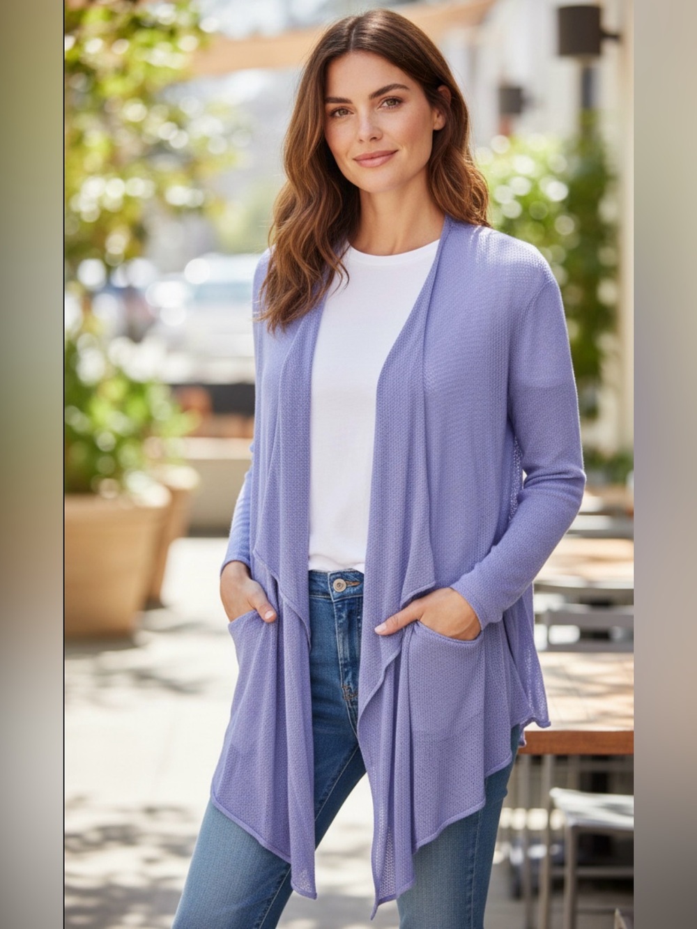 Emaline Women’s 2X ‎ Purple Open Front Topper Cardigan Waterfall Semi Sheer